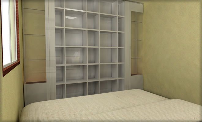 おぉ 後付でもイメージ最高な壁面収納を取付けた７畳寝室のレイアウト例 寝室のインテリアコーディネート
