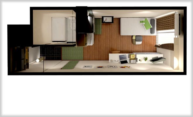 キッチンが室内にある大学生向け6畳ワンルームマンションのレイアウト 一人暮らしのワンルームインテリア